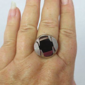 New Mod 60s Silver-tone & Black Glass Geometric Vintage Button Handmade Ring